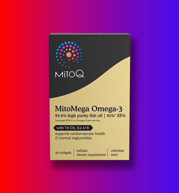 MitoQ MitoMega Omega-3 supplement box on a gradient red to purple background